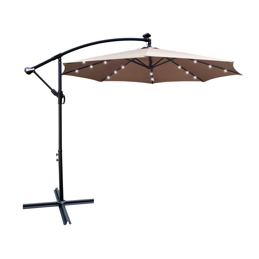 English Elm 10 ft Solar LED Patio Umbrella with 24 Lights, 8-Rib Weatherproof Polyester Canopy, Crank Lift Base Mushroom W65690318