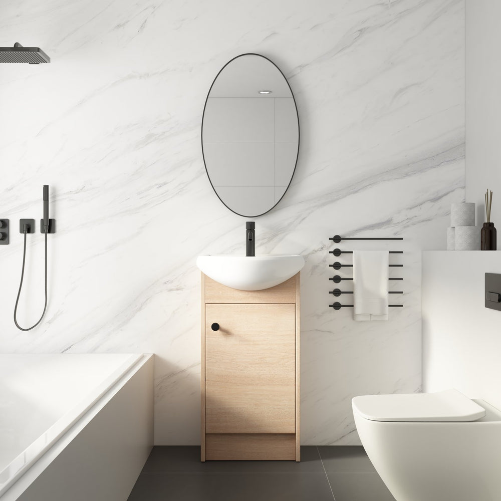 English Elm Freestanding 18 Inch Bathroom Vanity with Oval Ceramic Sink, Light Oak Plywood, Adjustable Shelf, Black Knobs (KD-PACKING) W999S00002