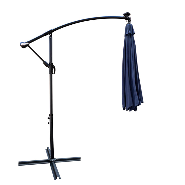 English Elm 10 ft Solar LED Patio Umbrella with 24 Lights, 8-Rib Weatherproof Polyester Canopy, Crank Lift Base Navy Blue W65690319