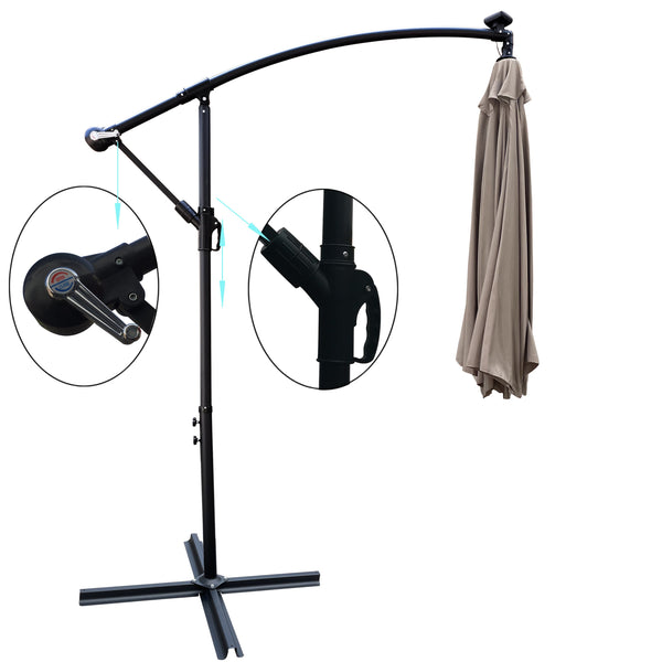 English Elm 10 ft Solar LED Patio Umbrella with 24 Lights, 8-Rib Weatherproof Polyester Canopy, Crank Lift Base Mushroom W65690318