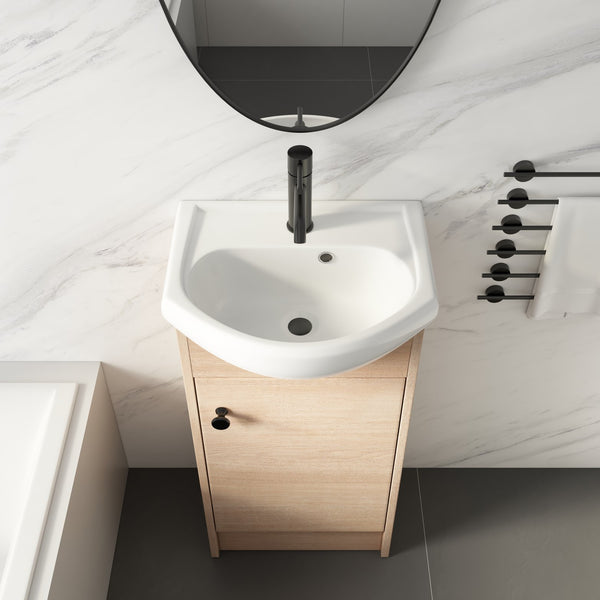 English Elm Freestanding 18 Inch Bathroom Vanity with Oval Ceramic Sink, Light Oak Plywood, Adjustable Shelf, Black Knobs (KD-PACKING) W999S00002