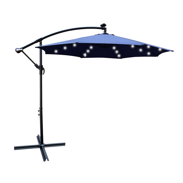 English Elm 10 ft Solar LED Patio Umbrella with 24 Lights, 8-Rib Weatherproof Polyester Canopy, Crank Lift Base Navy Blue W65690319