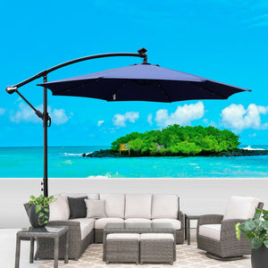 English Elm 10 ft Solar LED Patio Umbrella with 24 Lights, 8-Rib Weatherproof Polyester Canopy, Crank Lift Base Navy Blue W65690319