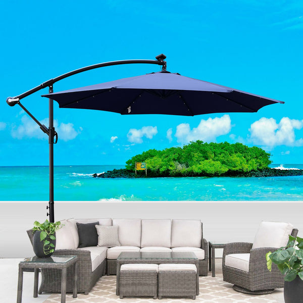 English Elm 10 ft Solar LED Patio Umbrella with 24 Lights, 8-Rib Weatherproof Polyester Canopy, Crank Lift Base Navy Blue W65690319