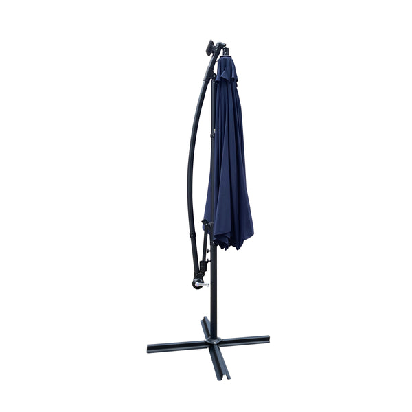 English Elm 10 ft Solar LED Patio Umbrella with 24 Lights, 8-Rib Weatherproof Polyester Canopy, Crank Lift Base Navy Blue W65690319