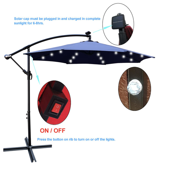 English Elm 10 ft Solar LED Patio Umbrella with 24 Lights, 8-Rib Weatherproof Polyester Canopy, Crank Lift Base Navy Blue W65690319