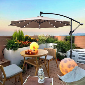 English Elm 10 ft Solar LED Patio Umbrella with 24 Lights, 8-Rib Weatherproof Polyester Canopy, Crank Lift Base Mushroom W65690318