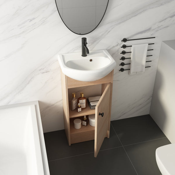 English Elm Freestanding 18 Inch Bathroom Vanity with Oval Ceramic Sink, Light Oak Plywood, Adjustable Shelf, Black Knobs (KD-PACKING) W999S00002