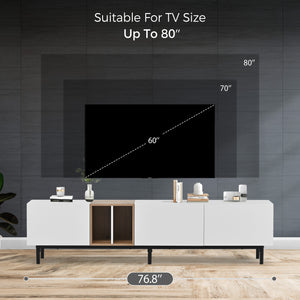 English Elm Modern TV Stand for 80'' TV with 3 Doors – Sleek Media Console, Drop-Down Storage, Durable MDF Design White WF302939AAK