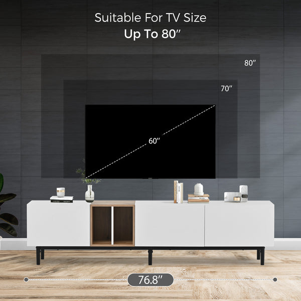 English Elm Modern TV Stand for 80'' TV with 3 Doors – Sleek Media Console, Drop-Down Storage, Durable MDF Design White WF302939AAK