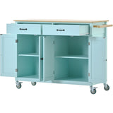 English Elm Kitchen Island Cart With 4 Door Cabinet and Two Drawers and 2 Locking Wheels - Solid Wood Top, Adjustable Shelves, Spice & Towel Rack(Mint Green)