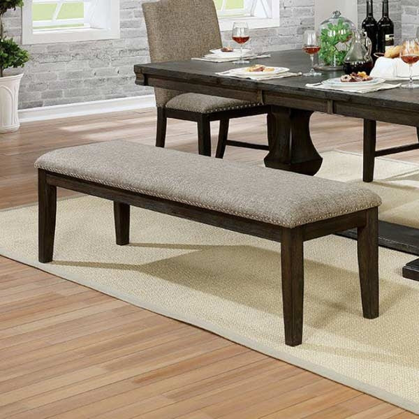 English Elm Transitional Espresso Wood Bench 63" Fabric Upholstered Padded Seat Nailhead Trim Rustic Dining Charm B011104799