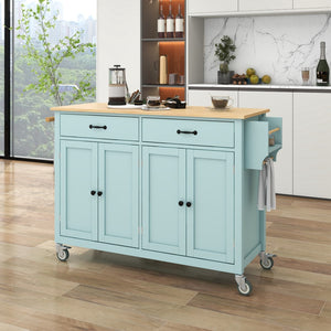 English Elm Kitchen Island Cart With 4 Door Cabinet and Two Drawers and 2 Locking Wheels - Solid Wood Top, Adjustable Shelves, Spice & Towel Rack(Mint Green)