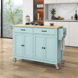 English Elm Kitchen Island Cart With 4 Door Cabinet and Two Drawers and 2 Locking Wheels - Solid Wood Top, Adjustable Shelves, Spice & Towel Rack(Mint Green)