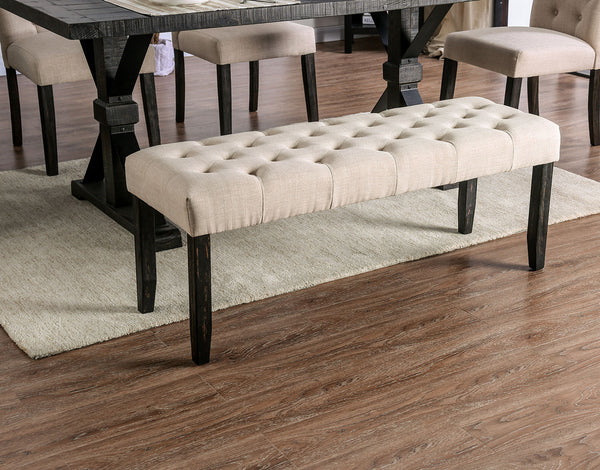 English Elm Classic Rustic Button-Tufted Dining Bench with Linen-Like Upholstery, Solid Wood Frame, 48"W Stylish Seating Ivory 49 L x 18 W x 7 H B011104803