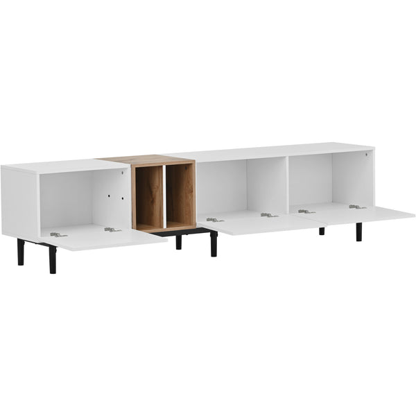 English Elm Modern TV Stand for 80'' TV with 3 Doors – Sleek Media Console, Drop-Down Storage, Durable MDF Design White WF302939AAK