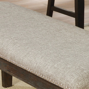 English Elm Transitional Espresso Wood Bench 63" Fabric Upholstered Padded Seat Nailhead Trim Rustic Dining Charm B011104799