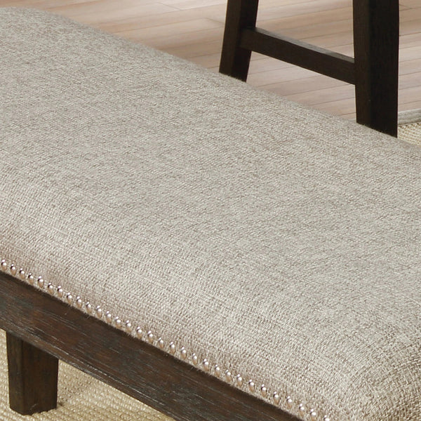 English Elm Transitional Espresso Wood Bench 63" Fabric Upholstered Padded Seat Nailhead Trim Rustic Dining Charm B011104799