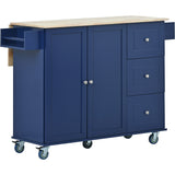 English Elm Rolling Mobile Kitchen Island With Drop Leaf - Solid Wood Top, Locking Wheels & Storage Cabinet 52.7 Inch Width(Dark Blue)