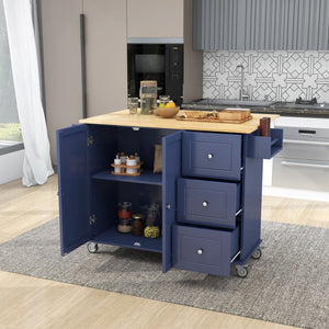 English Elm Rolling Mobile Kitchen Island With Drop Leaf - Solid Wood Top, Locking Wheels & Storage Cabinet 52.7 Inch Width(Dark Blue)