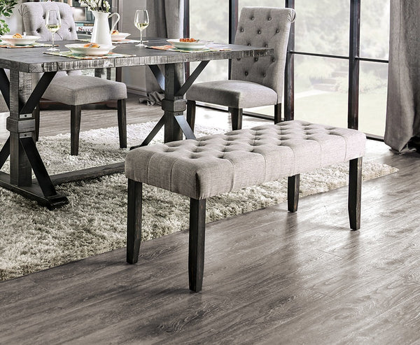 English Elm Classic Rustic Button-Tufted Dining Bench with Linen-Like Upholstery, Solid Wood Frame, 48"W Stylish Seating LIGHT GREY 49 L x 18 W x 7 H B011104805