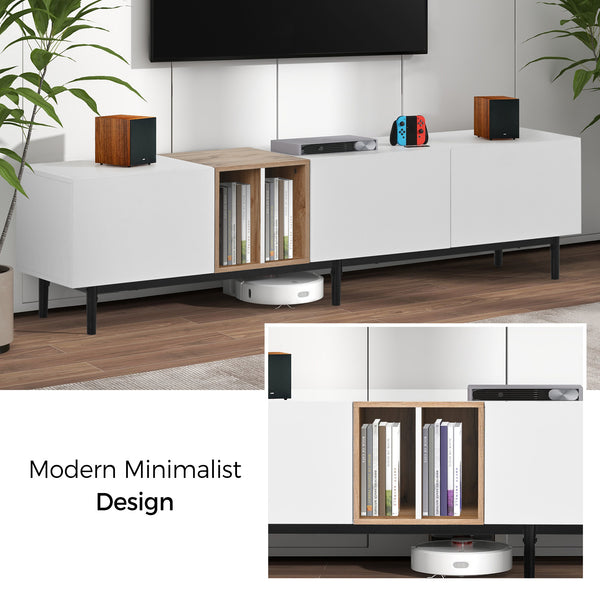 English Elm Modern TV Stand for 80'' TV with 3 Doors – Sleek Media Console, Drop-Down Storage, Durable MDF Design White WF302939AAK