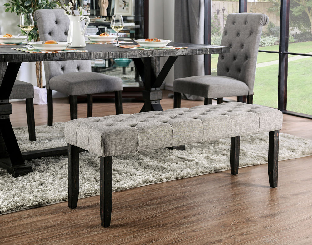 English Elm Classic Rustic Button-Tufted Dining Bench with Linen-Like Upholstery, Solid Wood Frame, 48"W Stylish Seating LIGHT GREY 49 L x 18 W x 7 H B011104805