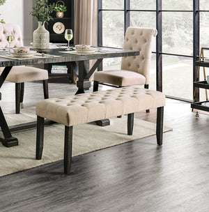 English Elm Classic Rustic Button-Tufted Dining Bench with Linen-Like Upholstery, Solid Wood Frame, 48"W Stylish Seating Ivory 49 L x 18 W x 7 H B011104803