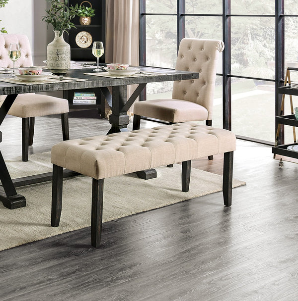 English Elm Classic Rustic Button-Tufted Dining Bench with Linen-Like Upholstery, Solid Wood Frame, 48"W Stylish Seating Ivory 49 L x 18 W x 7 H B011104803