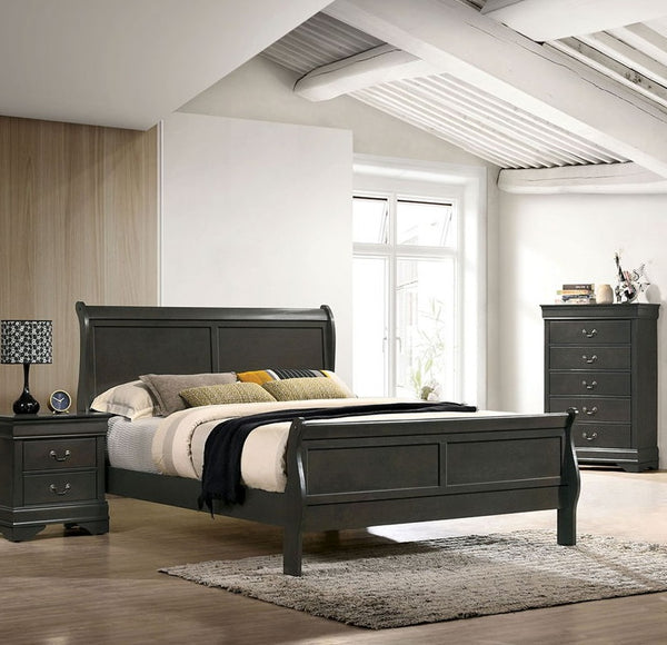 English Elm Classic Sleigh Bed Queen Size Solid Wood Louis Phillipe Design Transitional Master Bedroom Focal Piece Gray 27 L x 57 W x 6 H B011S02031
