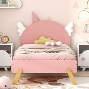 English Elm Wooden Cute Bed With Unicorn Shape Headboard,Twin Size Platform Bed,Pink