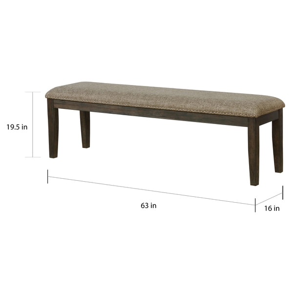 English Elm Transitional Espresso Wood Bench 63" Fabric Upholstered Padded Seat Nailhead Trim Rustic Dining Charm B011104799