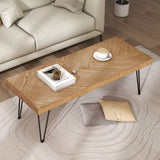 English Elm Modern Coffee Table, Easy Assembly Tea Table, Thicken Cocktail Table With W/Chevron Pattern & Metal Hairpin Legs For Living Room, Ash Wood Finished