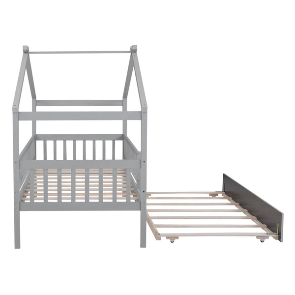 English Elm Twin House Bed Pinewood Frame with Roofline Design and Pull Out Trundle for Kids Gray WF302178AAE