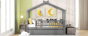 English Elm Twin House Bed Pinewood Frame with Roofline Design and Pull Out Trundle for Kids Gray WF302178AAE