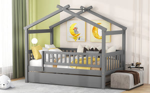 English Elm Twin House Bed Pinewood Frame with Roofline Design and Pull Out Trundle for Kids Gray WF302178AAE