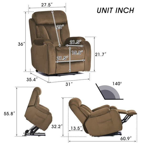 English Elm Lift Chair Recliner Plush Cashmere Fabric Power Lift with Remote, Padded Backseat, 330lb Capacity, Infinite Recline Brown W1028S00038