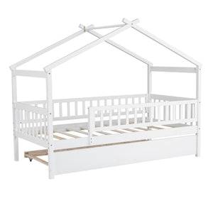 English Elm Twin House Bed Pinewood Frame with Roofline Design and Pull Out Trundle for Kids WF302178AAK
