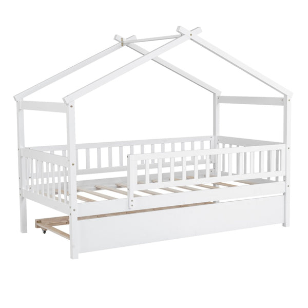 English Elm Twin House Bed Pinewood Frame with Roofline Design and Pull Out Trundle for Kids WF302178AAK