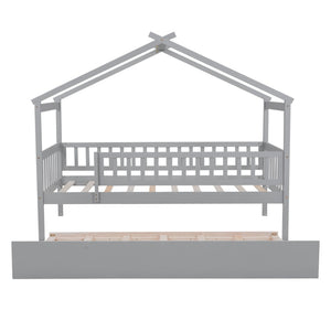 English Elm Twin House Bed Pinewood Frame with Roofline Design and Pull Out Trundle for Kids Gray WF302178AAE
