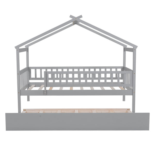 English Elm Twin House Bed Pinewood Frame with Roofline Design and Pull Out Trundle for Kids Gray WF302178AAE