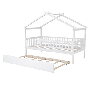English Elm Twin House Bed Pinewood Frame with Roofline Design and Pull Out Trundle for Kids WF302178AAK