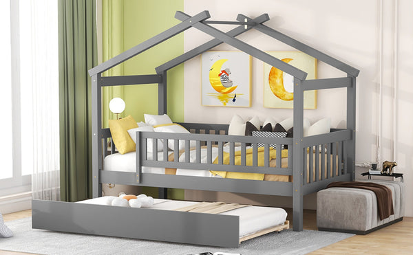 English Elm Twin House Bed Pinewood Frame with Roofline Design and Pull Out Trundle for Kids Gray WF302178AAE