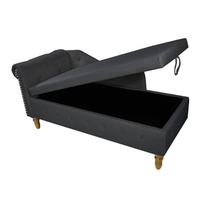 English Elm Beige Velvet Chaise with Hidden Storage Tufted Back Nailhead Trim Rolled Arm Lounge Black W1170100898