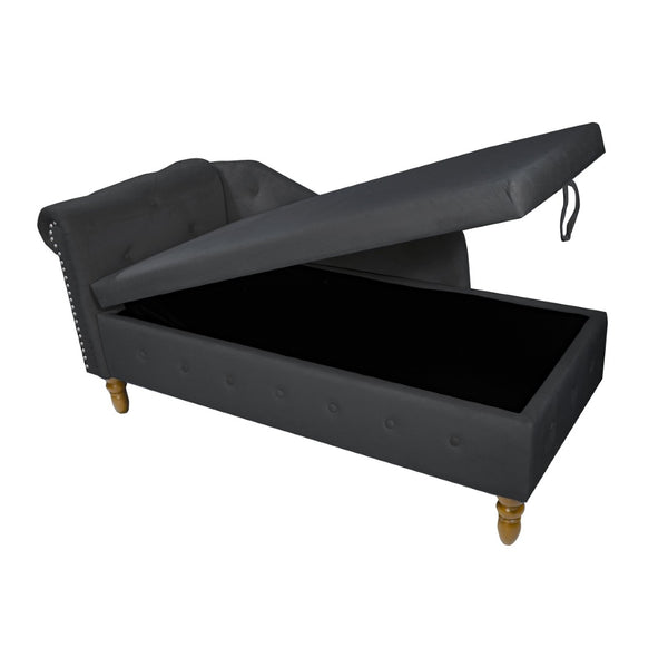 English Elm Beige Velvet Chaise with Hidden Storage Tufted Back Nailhead Trim Rolled Arm Lounge Black W1170100898