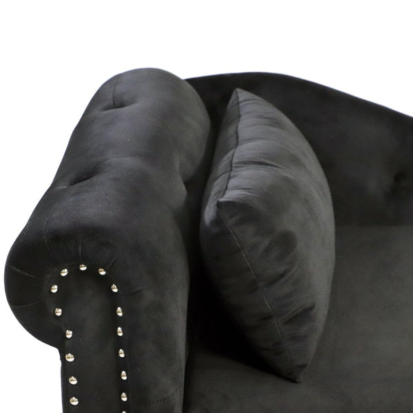 English Elm Beige Velvet Chaise with Hidden Storage Tufted Back Nailhead Trim Rolled Arm Lounge Black W1170100898