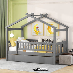 English Elm Twin House Bed Pinewood Frame with Roofline Design and Pull Out Trundle for Kids Gray WF302178AAE