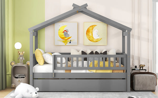 English Elm Twin House Bed Pinewood Frame with Roofline Design and Pull Out Trundle for Kids Gray WF302178AAE