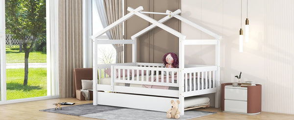 English Elm Twin House Bed Pinewood Frame with Roofline Design and Pull Out Trundle for Kids WF302178AAK