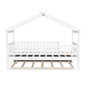 English Elm Twin House Bed Pinewood Frame with Roofline Design and Pull Out Trundle for Kids WF302178AAK